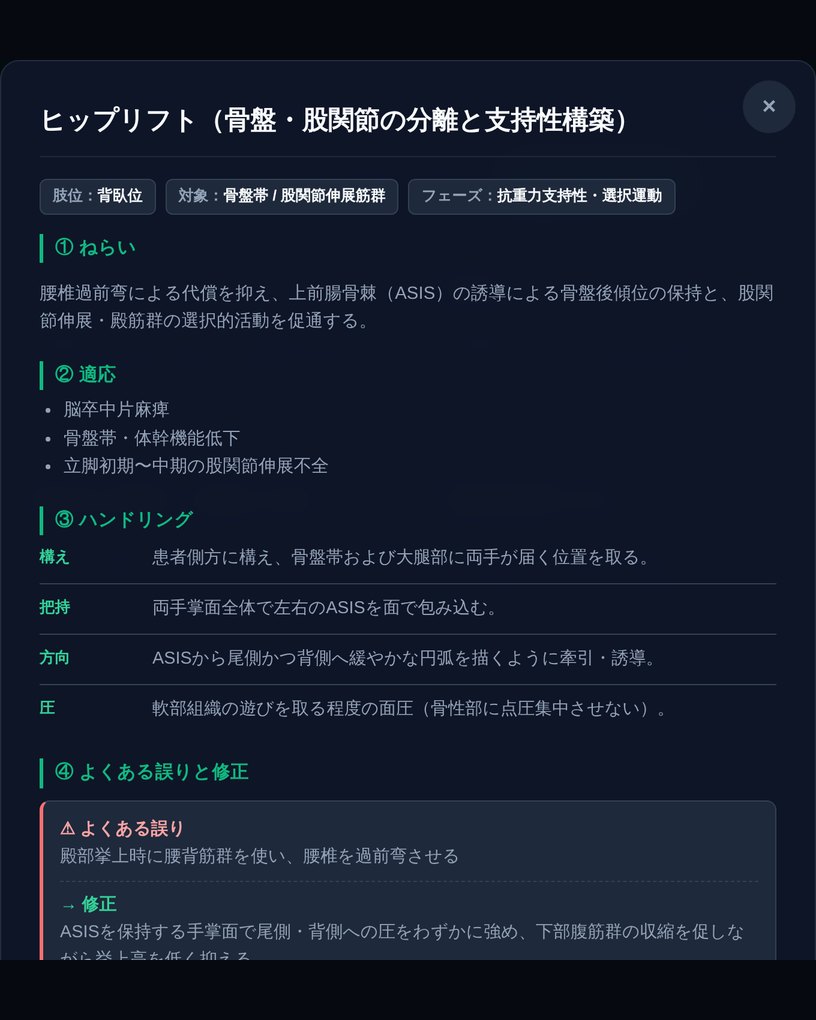 ヒップリフトの解説画面。ねらい・適応に続いて、構え・把持・方向・圧のハンドリング手順が表になっている